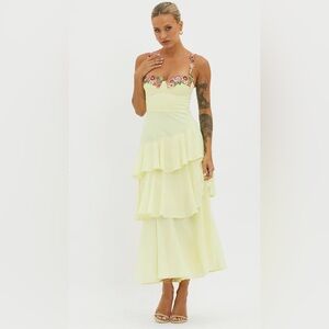 ROSE GARDEN TIERED RUFFLE FLORAL TRIM DRESS LEMON